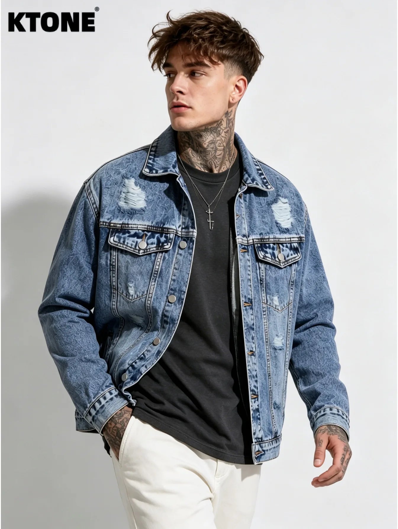 1PC Men’s Simple Solid Denim Jacket Daily Leisure Outerwear No Extra Decorations Excluding Hoodie Sweatshirt