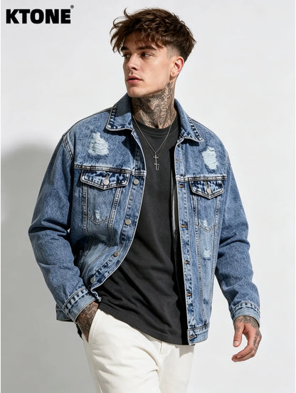 1PC Men’s Simple Solid Denim Jacket Daily Leisure Outerwear No Extra Decorations Excluding Hoodie Sweatshirt