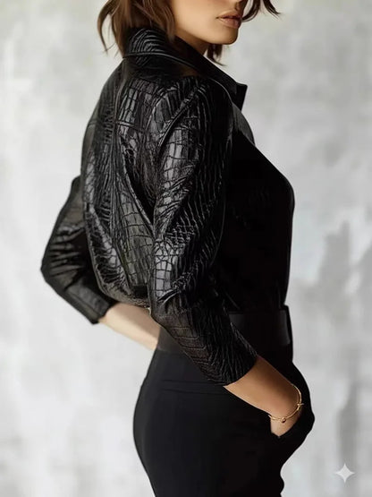 Elegant Long Sleeve PU Leather Shirt Women's Black Button up Snake Skin Pattern Fashionable Top for Autumn Winter