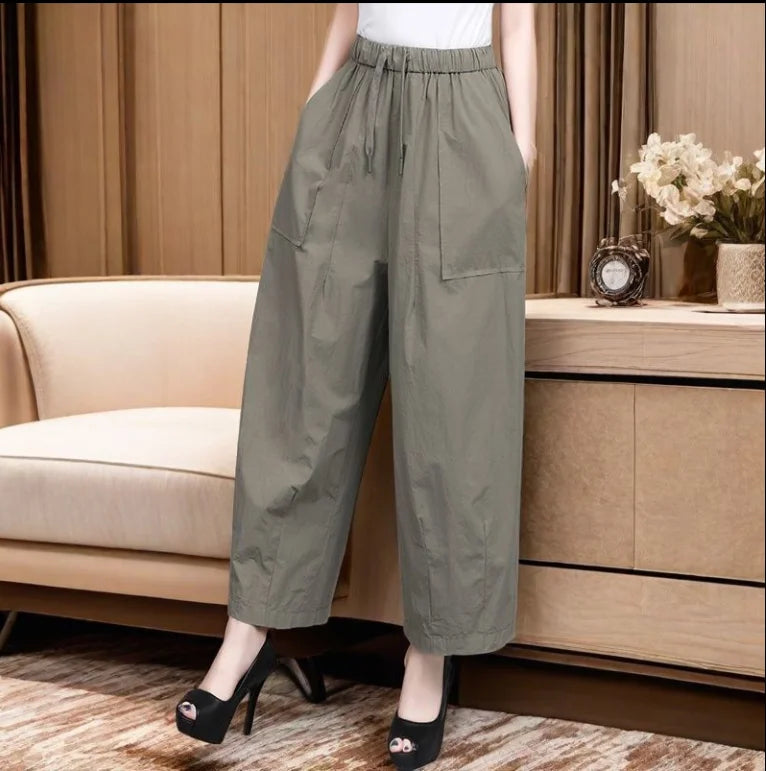 High Waist Wide Leg Pants Women Loose Slimming Nine Points Casual Pants plus Size Versatile Midlife Mom Pants Commute Style