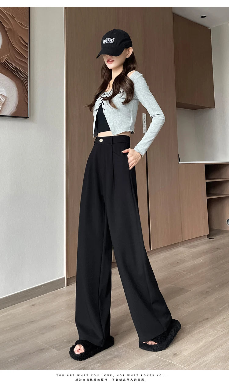 Seoulish Autumn Elegant Women's Wide Leg Pants 2024 New Korean Solid Button Casual Loose Office Full Length Trousers Female
