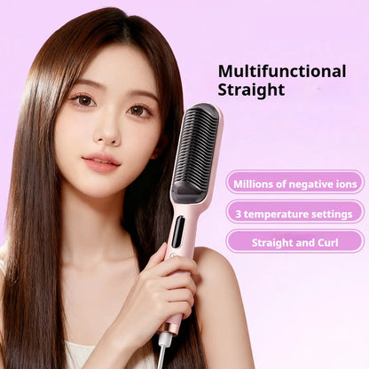 Negative Ion Hair Straightener Brush 2 in 1 Straighten and Curl 5000W 3 Temperature Settings Fast Heating Anti Scald Portable