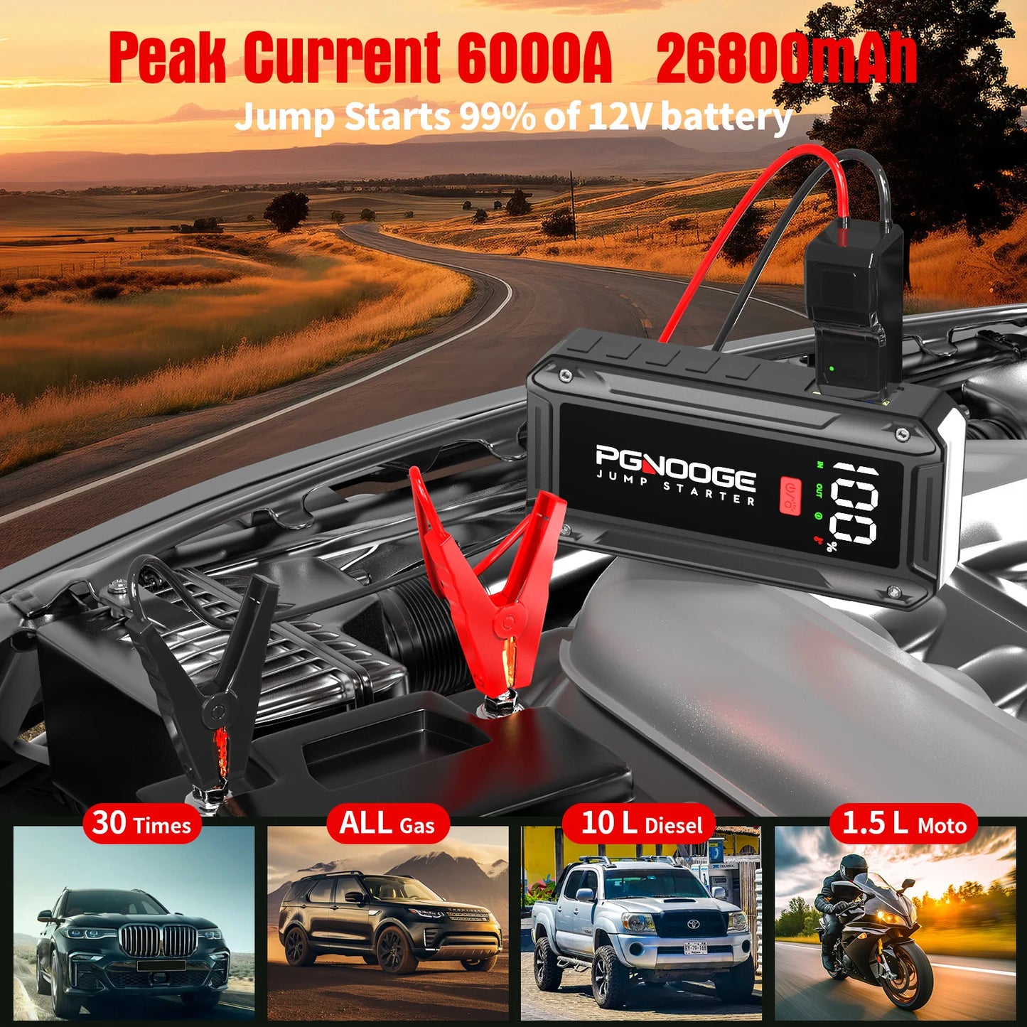 PGNOOGE 6000A 26800mAh Car Jump Starter, Car Battery Booster, Car Jump Starter Power Bank, Car Starter, Portable Battery Pack