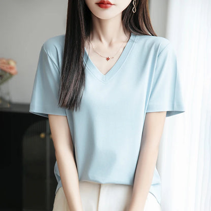 2026 Summer New Pure Cotton V-neck Short-sleeved T-shirt Women's Solid Color Joker Pullover Shirt with Loose Sleeve Bottom Shirt