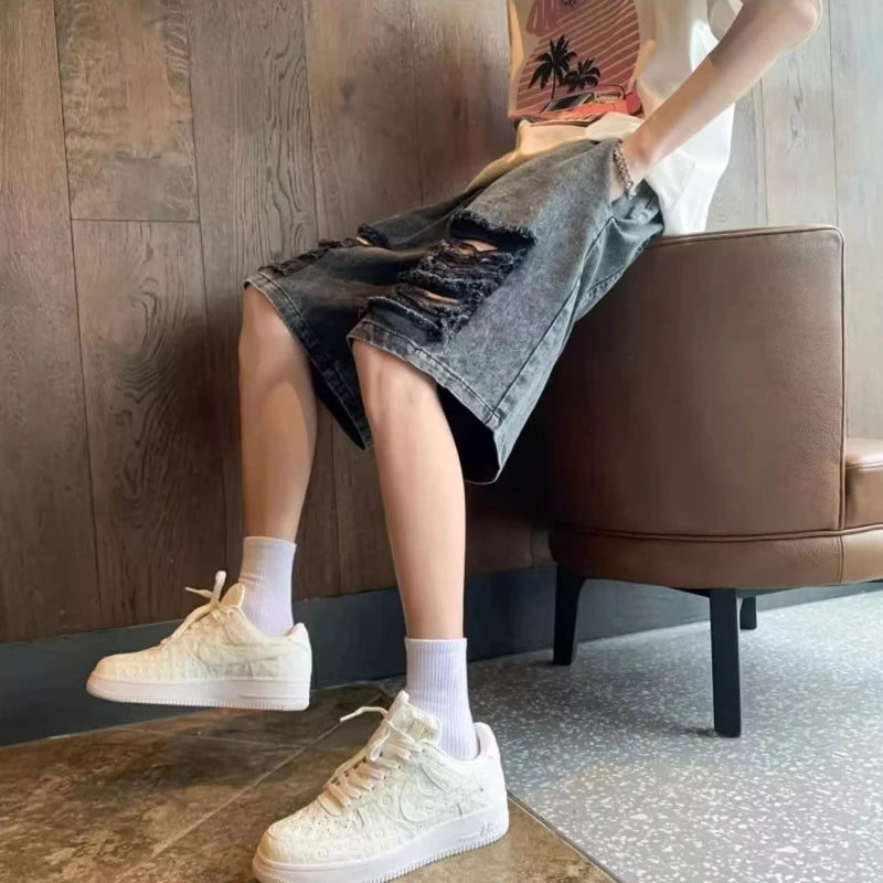 Men's Summer Pink Ripped Denim Shorts Lightweight Baggy Knee-length American High Street Trendy Distressed Casual Fashion Style