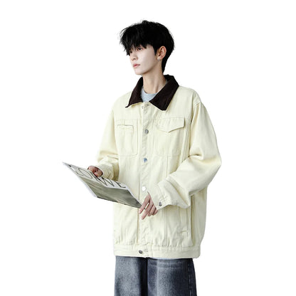 Men's Workwear Denim Shirt Spring Summer Fashion Breathable Cotton Blend Contrast Collar Loose Top Street Urban Commuter Wear