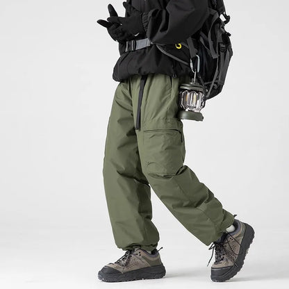 Thickened Warm Duck down Casual Pants Men's Winter Climbing Long Trousers Fashionable Loose Fit Straight Leg Multi Pocket