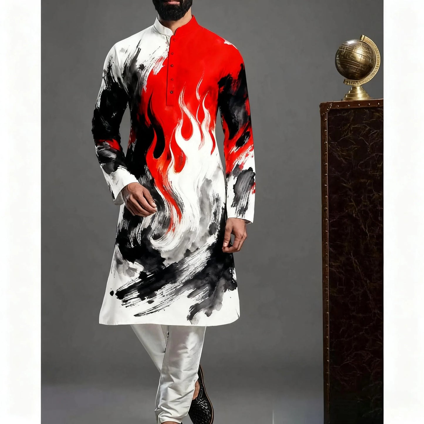 2026 Muslim Tops Men's Ethnic Style Long-sleeved Stand-up Collar Shirts Casual Slim Irregular Ropa Musulmana Hombre