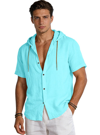 Men's Hooded Button Down Shirt Short Sleeve Linen Look Casual Top Drawstring Summer Beach Vacation Shirt 2026