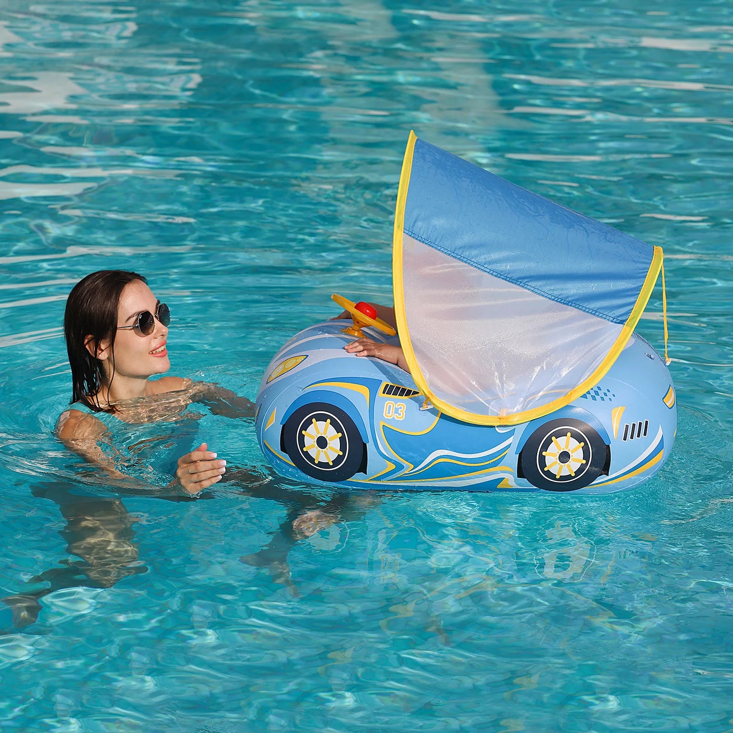 Kids Car Swimming Seat Float Ring Inflatable Infant Floating For Summer Swim Boat Circle Bathing Water Toy with Canopy