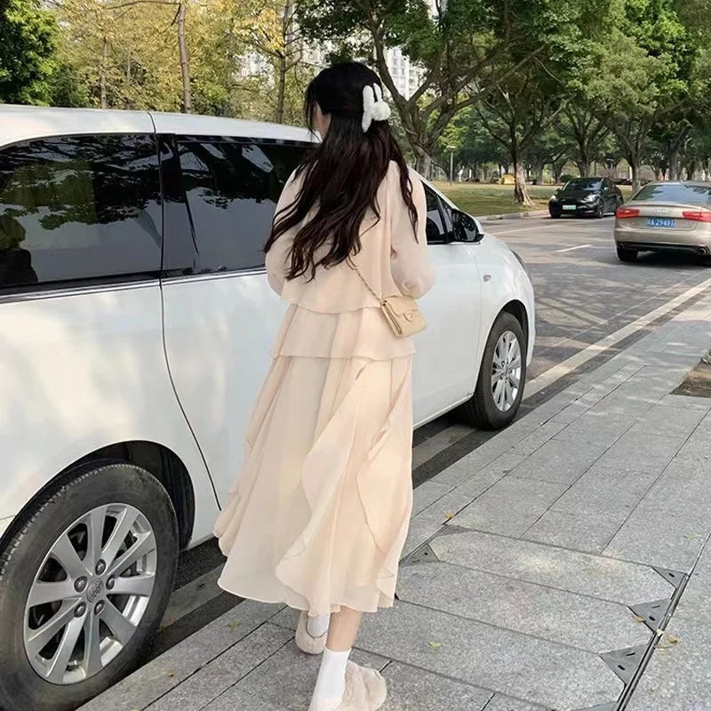 Elegant Spring Autumn off Shoulder Long Dress Women's Loose Fashion Two Piece Set Fairy Forest System V Neck High Waist a Lin...