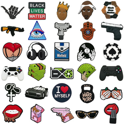 1/30pcs Trends Hood Gun Shoe Charms for Men Boys Shoe Accessories Pins Fashion HipHop Singer Game Controller Dollar Clogs Buckle