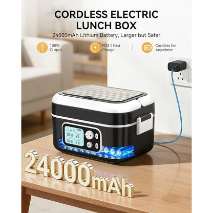 100W 24000mAh Large Capacity Electric Lunch Box with Smart Timer, 6.3-Cup, Portable Food Warmer for Outdoor/Office Use, Black