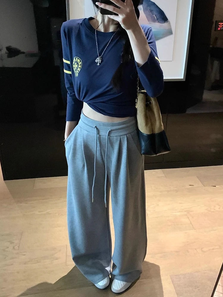 High Waist Wide Leg Sport Pants Women Loose Lazy Style Spring Autumn Casual Straight Long Trousers Comfortable High Waist
