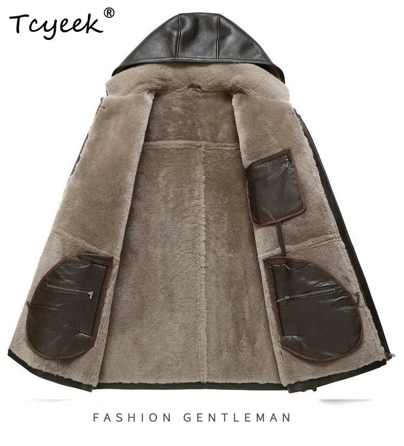 Tcyeek Natural Sheepskin Fur Winter Coat Genuine Leather Jacket Men Clothes Motocycle Jackets Mens Coats Hoodie Куртка Мужская