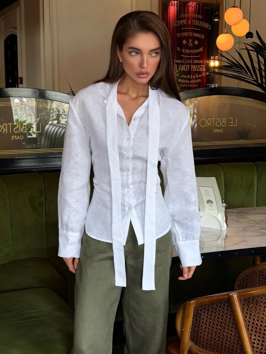 100% Cotton Shirts for Women New Spring Tie Belted Shirt Women's Floating Ribbon Tops  Shirts Commuting Slim Waist Blouse