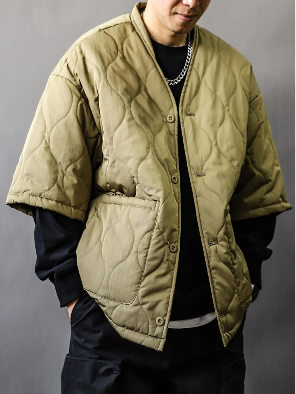 Autumn Winter Japanese Streetwear Half Sleeve Padded Jacket Harajuku Casual Mens Jacket Harajuku Thick Trendy V-Neck Coat Male