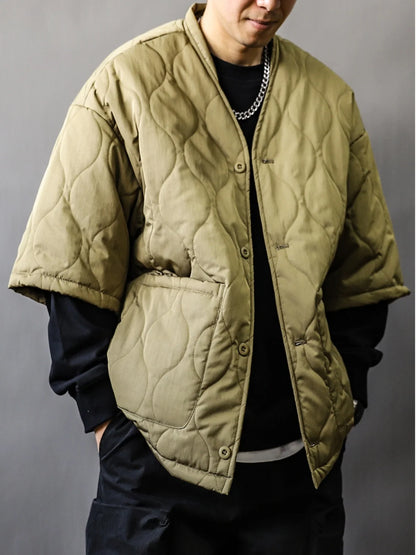 Autumn Winter Japanese Streetwear Half Sleeve Padded Jacket Harajuku Casual Mens Jacket Harajuku Thick Trendy V-Neck Coat Male