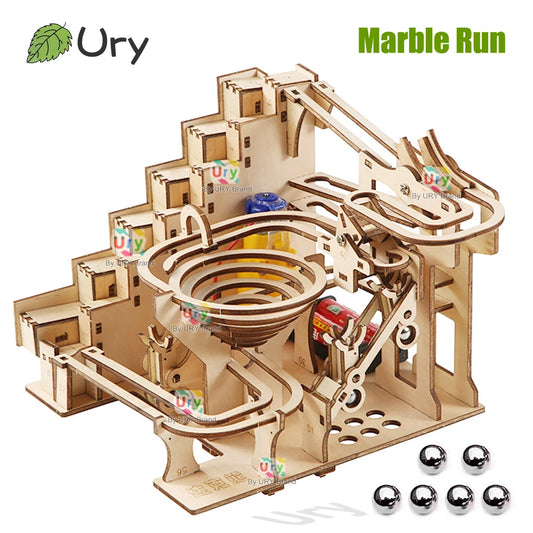 Ury 3D Wooden Puzzles Electric Staircase Track Device Marble Run Set Mechanical Model Science Maze 6 Balls Assembly Gift
