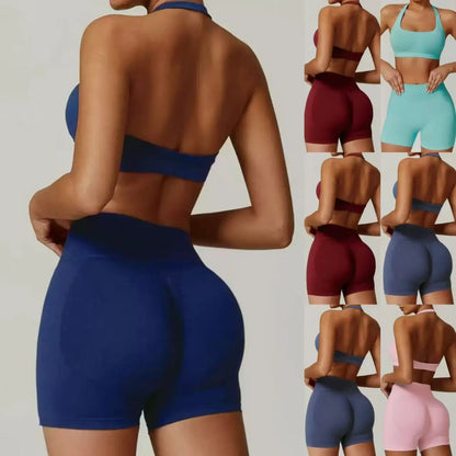 Women's Seamless Halter Yoga Set 2 Piece High Waist Scrunch Butt Shorts Quick Dry Breathable Gym Activewear