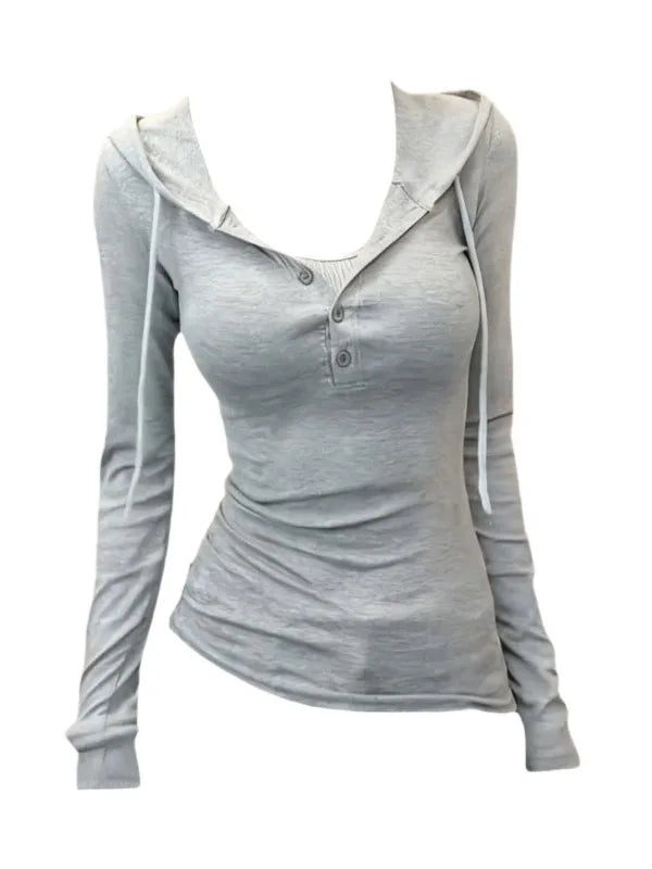 plus Size Women's Grey Long Sleeve Hoodie Slim Fit Base Shirt Korean Style Autumn New Arrival Fashionable Casual Top