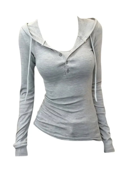 plus Size Women's Grey Long Sleeve Hoodie Slim Fit Base Shirt Korean Style Autumn New Arrival Fashionable Casual Top