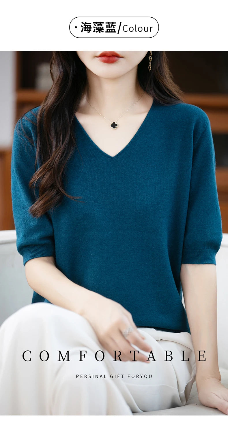 Thin Worsted Wool Short-Sleeved Women's Loose Round Neck T-shirt Printed Summer Fashion Knitted Bottoming Shirt Half-Sleeved