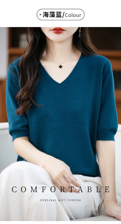 Thin Worsted Wool Short-Sleeved Women's Loose Round Neck T-shirt Printed Summer Fashion Knitted Bottoming Shirt Half-Sleeved