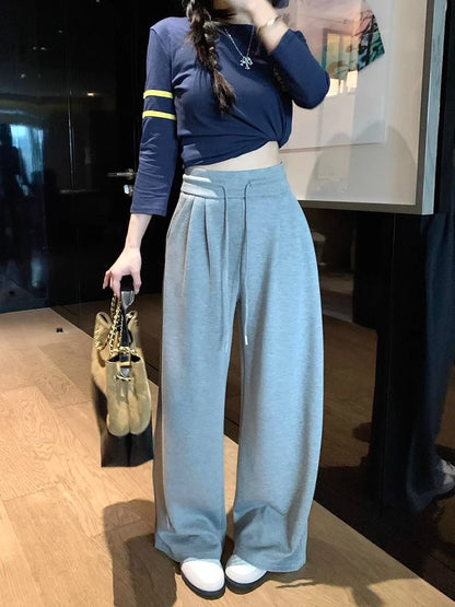 High Waist Wide Leg Sport Pants Women Loose Lazy Style Spring Autumn Casual Straight Long Trousers Comfortable High Waist