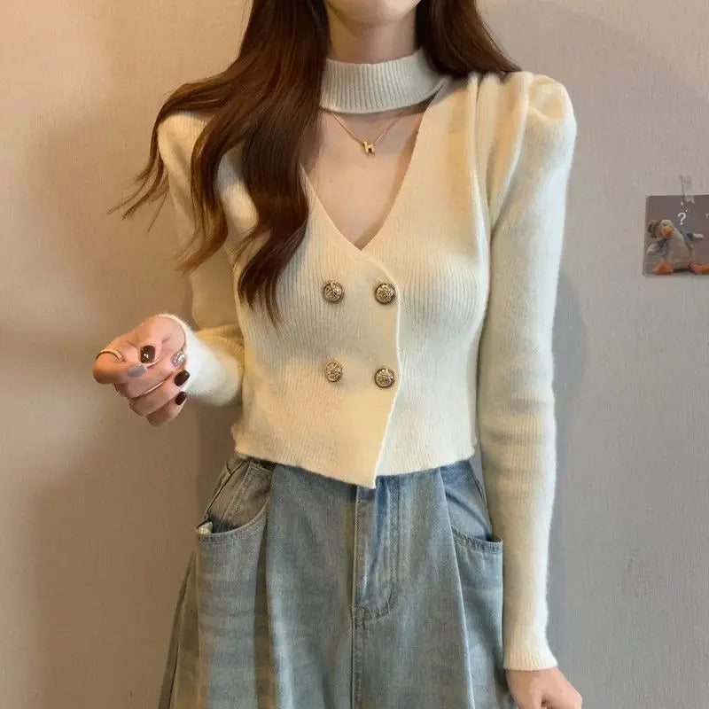 Elegant V-Neck Bubble Sleeve Knitwear Short Top Fashion Trend Neck Hanging Style Girl's French Style Slim Fit Long Sleeve Autumn