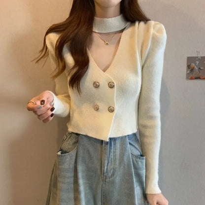 Elegant V-Neck Bubble Sleeve Knitwear Short Top Fashion Trend Neck Hanging Style Girl's French Style Slim Fit Long Sleeve Autumn