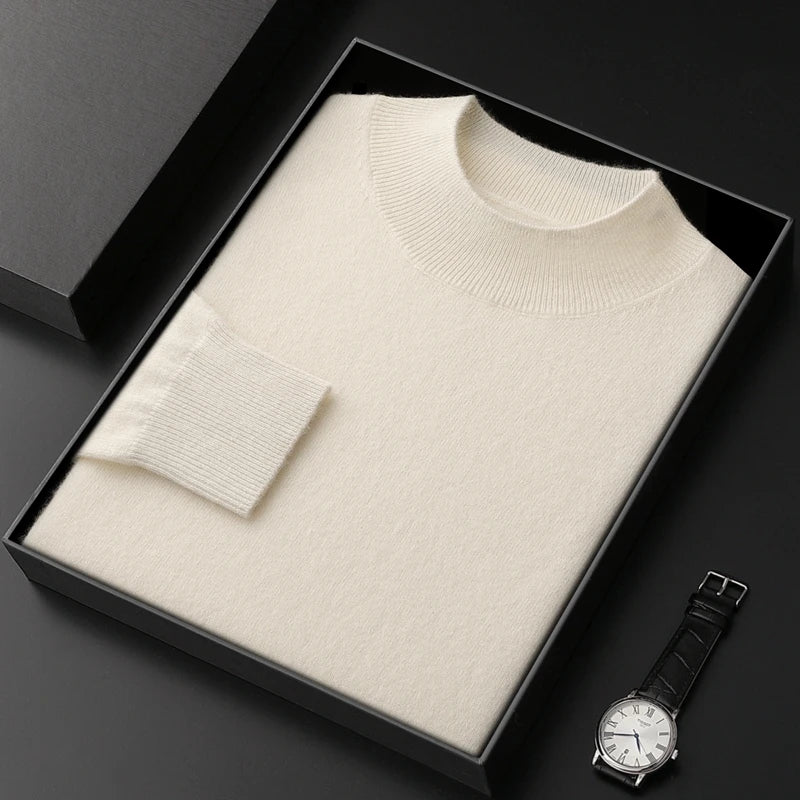 100% Pure Cashmere Sweater Men's Half High Collar Solid Color Pullover Fashion New Knit Undercoat  Autumn and Winter Long Sleeve