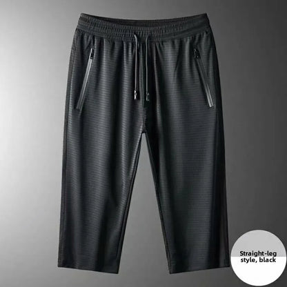 Ice Silk Men's Casual Pants Sports Set Air Conditioning Pants Quick Dry Trendy Large Size Short Sleeve T-Shirt Mesh Summer Wear