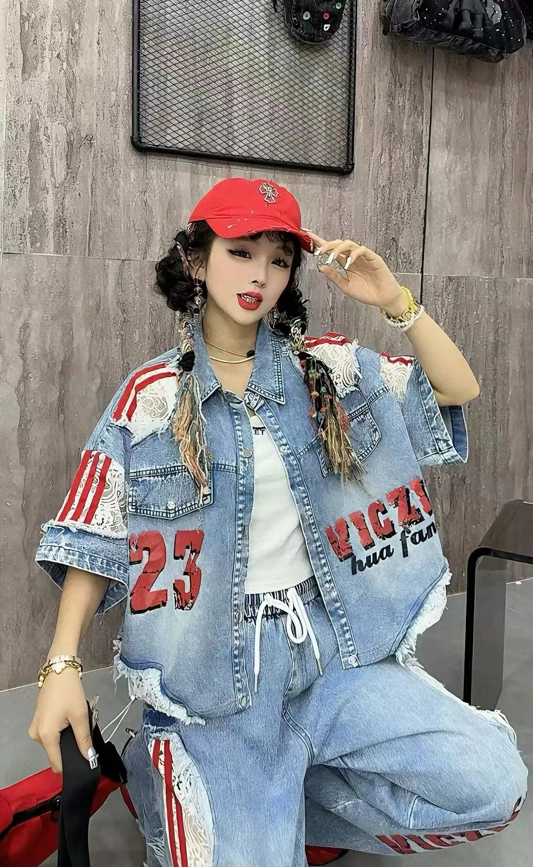 Casual Lace Hollow out Patchwork Summer New Women's Outfit Loose Top with Digital Letter Print Matching Long Pants