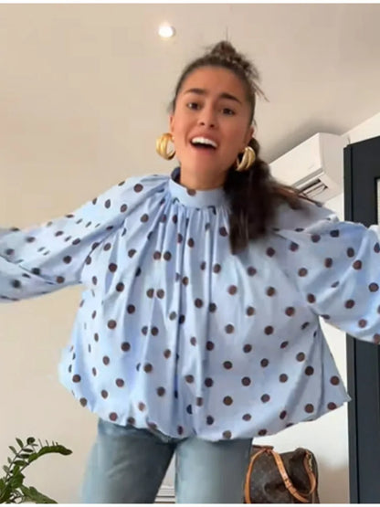 2026 New Women's Two-tone Polka Dot Shirt Mandarin Collar Puff Sleeve Backless Lace-up Spring Summer Loose Casual Fashion Top