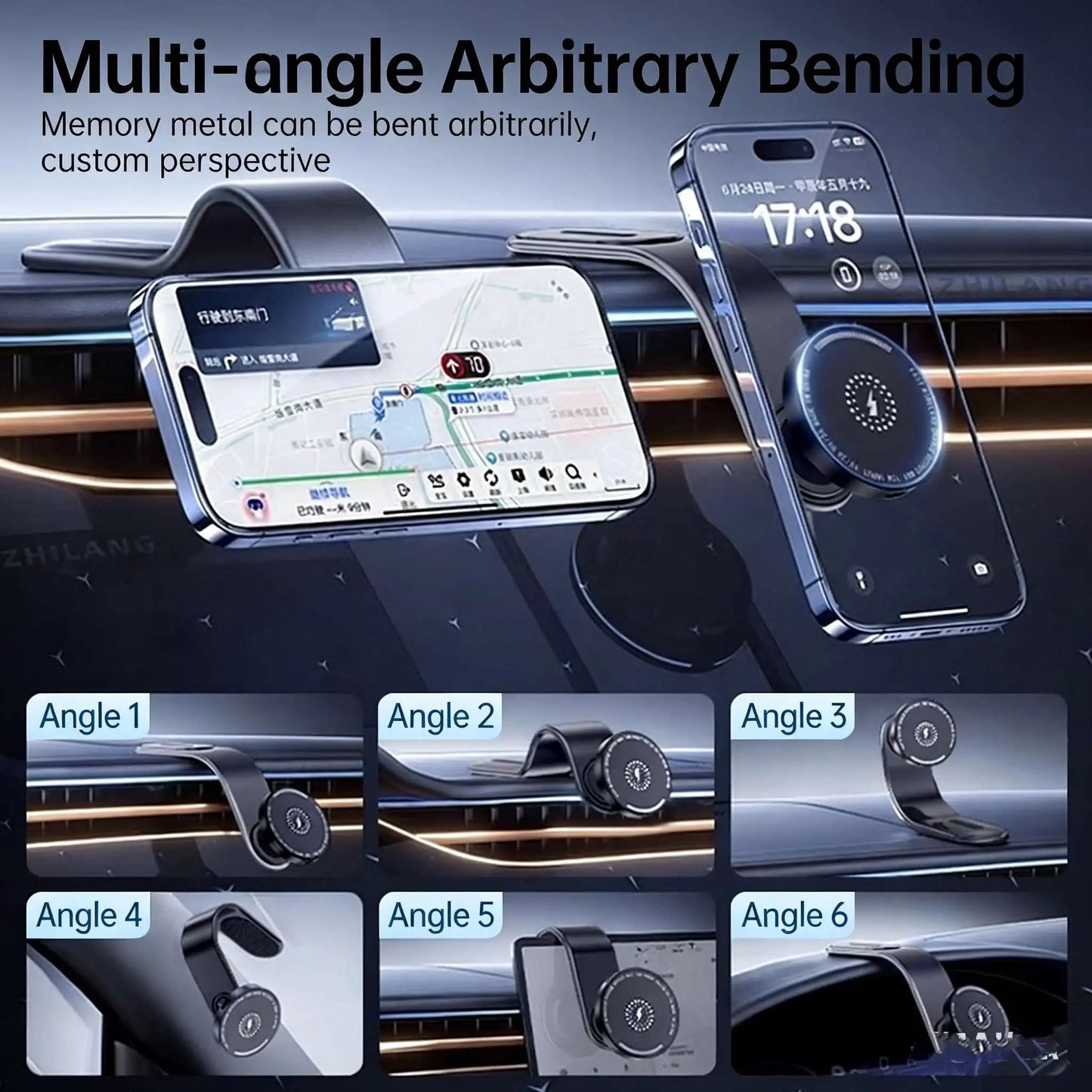 For MagSafe Wireless Car Charger Magnetic Car Phone Holder Bendable Car Phone Mount Phone Stand for iPhone 16 15 14 13