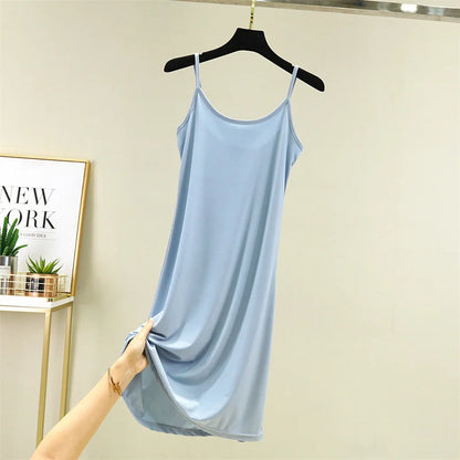 Summer Thin Ice Silk A-Line Dress Women's Casual Long Gown Inner Wear Vest Dress plus Size Korean Style Loose Waist Design