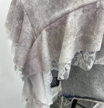 ISAROSE Summer Y2K Camisole for Women Casual Spaghetti Straps Double Layers Lace Stretch Mesh Patchwork Asymmetrical Slim Tops