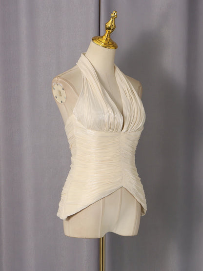 VGH High End Sexy Slimming Tank Top for Women Halter Deep Neck Sleeveless Spliced Folds Tunic Backless Chic Evening Vest Female
