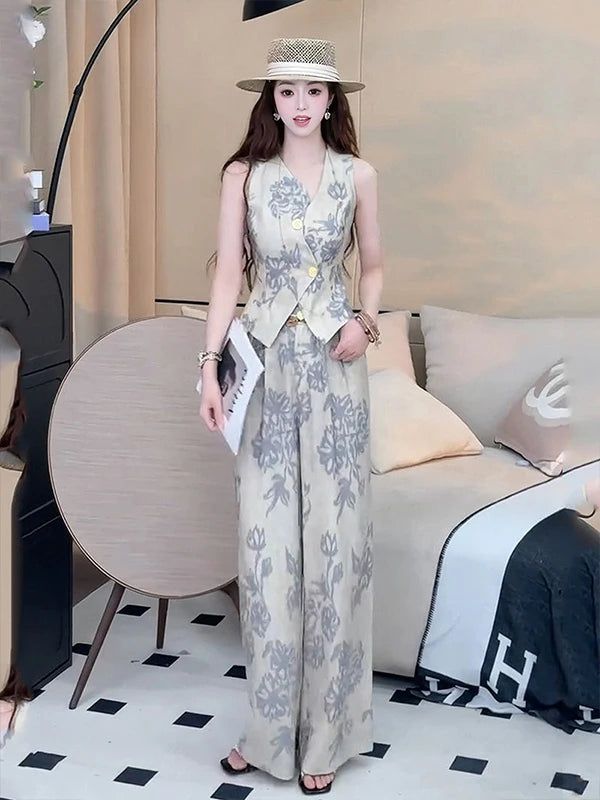 Retro Money Style Women's Summer New Design Sleeveless Outerwear Tank Top High Waist Casual Pants Two-Piece Set Trendy