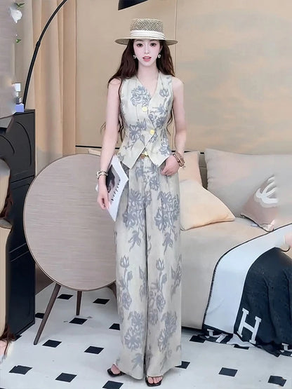 Retro Money Style Women's Summer New Design Sleeveless Outerwear Tank Top High Waist Casual Pants Two-Piece Set Trendy