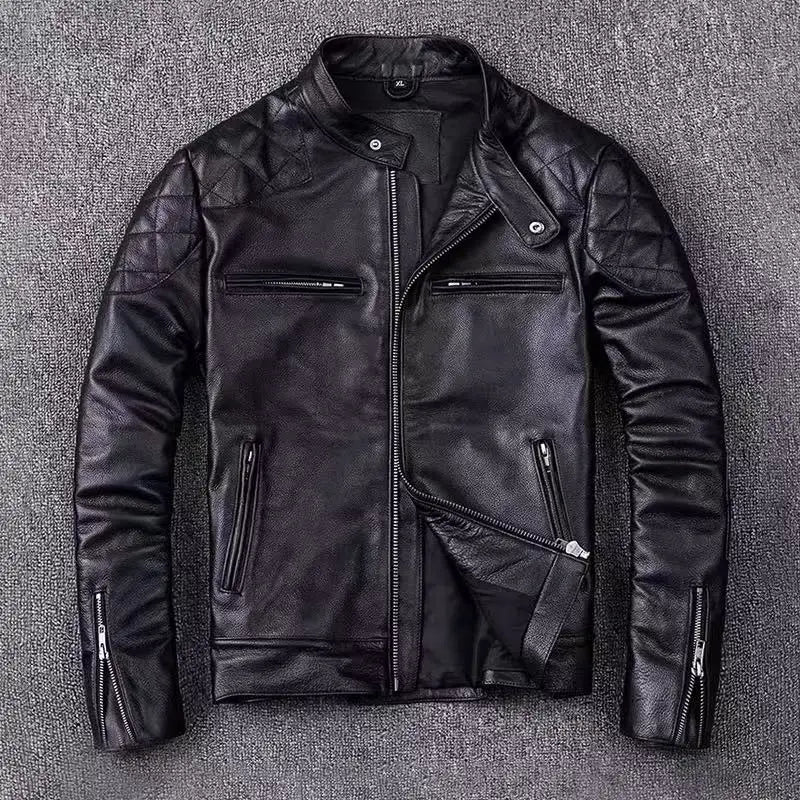 Genuine Full Real Leather Jacket Men Short Slim Fit Stand Collar Motorcycle Leather Coat Autumn Winter Plus Size Casual Fashion