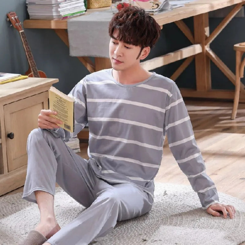 Spring and Autumn Long-Sleeved Long Pants Men's Pajamas Homewear Loose Casual Striped Nightwear Large Size Sleepwear Loungewear