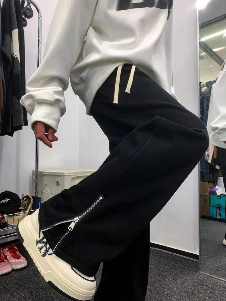 Warm Autumn Winter Men’s Fleece Lined Joggers Solid Color Zipper Casual Pants High Waist Slim Korean Style Unisex Couple Design