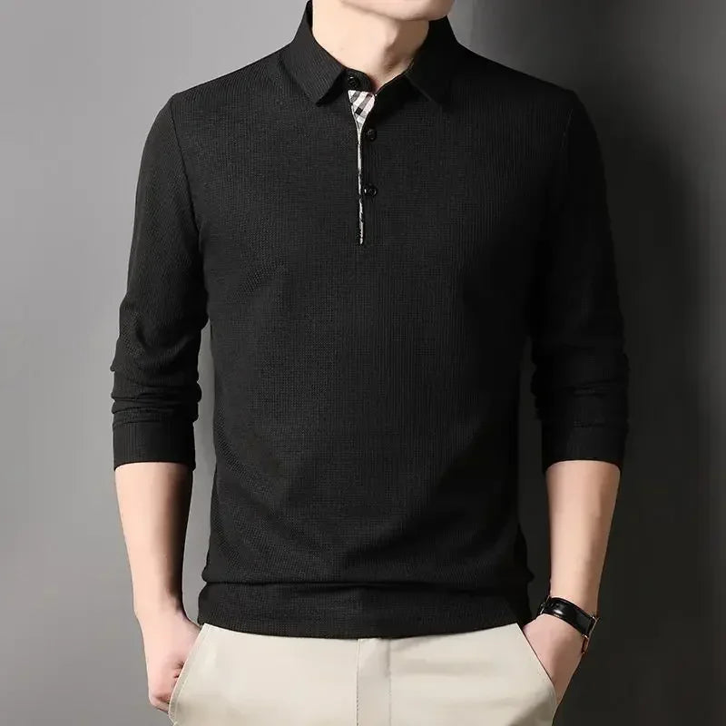Male Clothes Beige T Polo Shirts for Men Waffle Tops Pullover Y2k High Brand Casual Harajuku Fashion Polyester Long Sleeve F