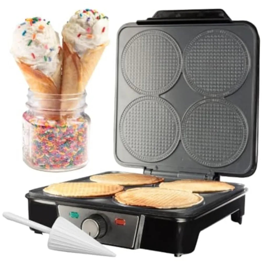 Mini Waffle Ice Cream Cone Maker - Bake 4 Homemade Mini Cones at Once Includes Shaper Roller - Make Fun Bite Sized Entertaining