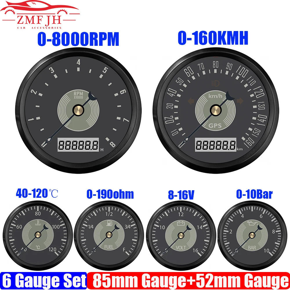 Retro 6 Gauge Set 160KMH,200KMH 85mm GPS Speedometer Gauge 8000RPM Tachometer 52mm Water Temp Oil Pressure Fuel Meter Voltmeter