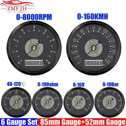 Retro 6 Gauge Set 160KMH,200KMH 85mm GPS Speedometer Gauge 8000RPM Tachometer 52mm Water Temp Oil Pressure Fuel Meter Voltmeter