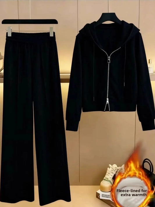 Women's Fleece Lined Thick Casual Sports Suit Set Hoodie Jacket Wide Leg Pants Two Piece Set Autumn Winter Fashion New Style
