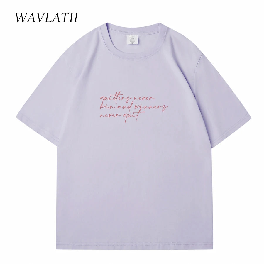 WAVLATII Women New Letter Printed T shirts Female White Casual Cotton Tees Lady Purple Summer Short Sleeve Tops for Young WT2342